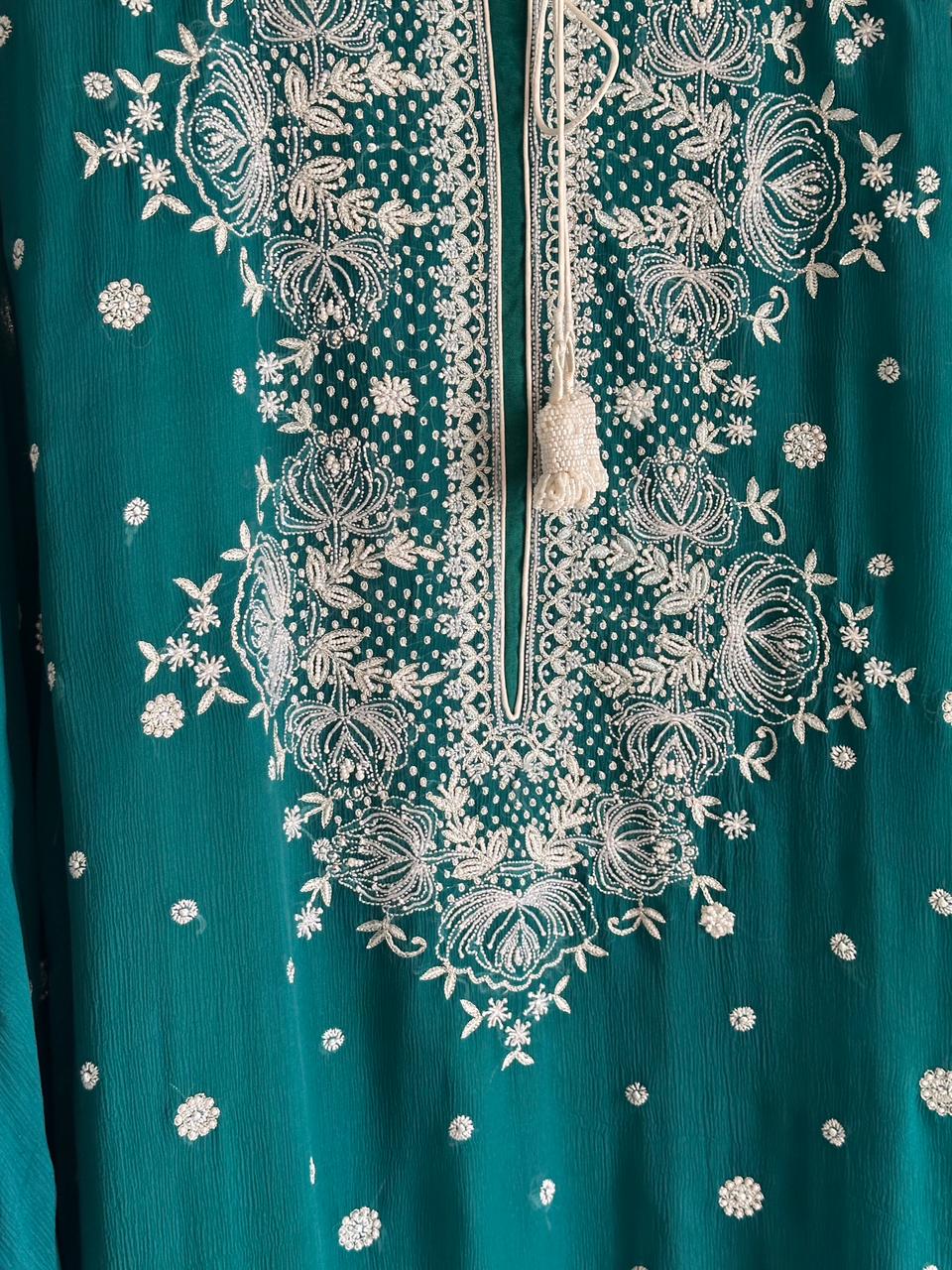 Bottle Green | Chiffon Chikankari Kaftan