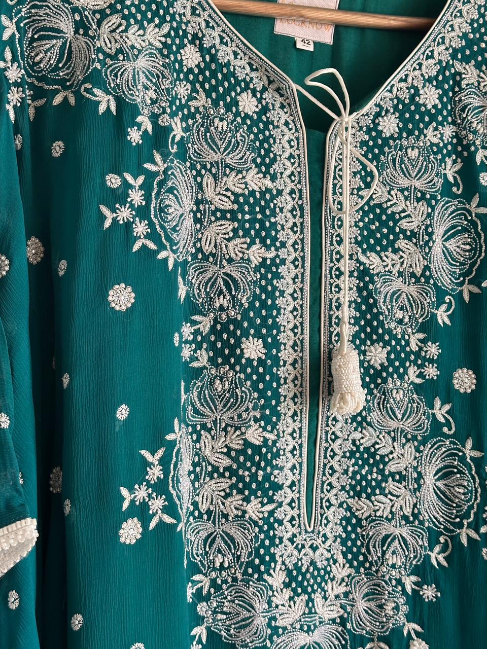 Bottle Green | Chiffon Chikankari Kaftan