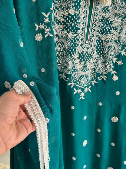 Bottle Green | Chiffon Chikankari Kaftan