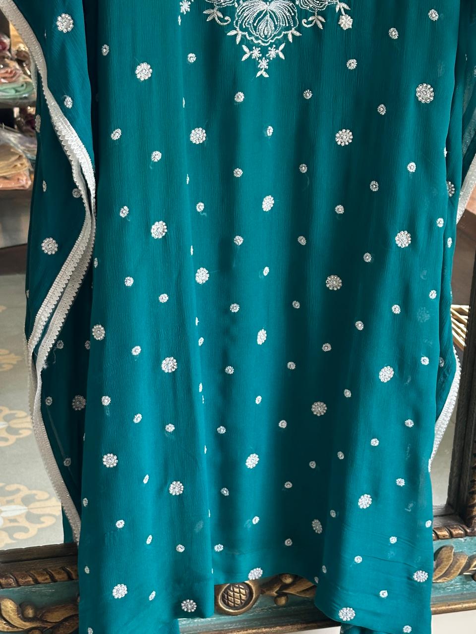 Bottle Green | Chiffon Chikankari Kaftan