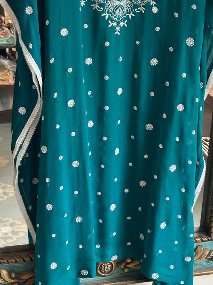 Bottle Green | Chiffon Chikankari Kaftan
