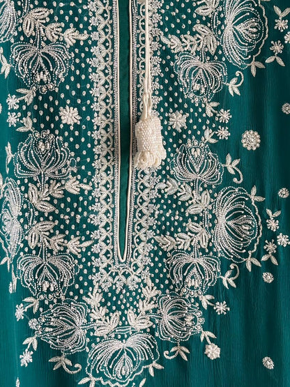 Bottle Green | Chiffon Chikankari Kaftan
