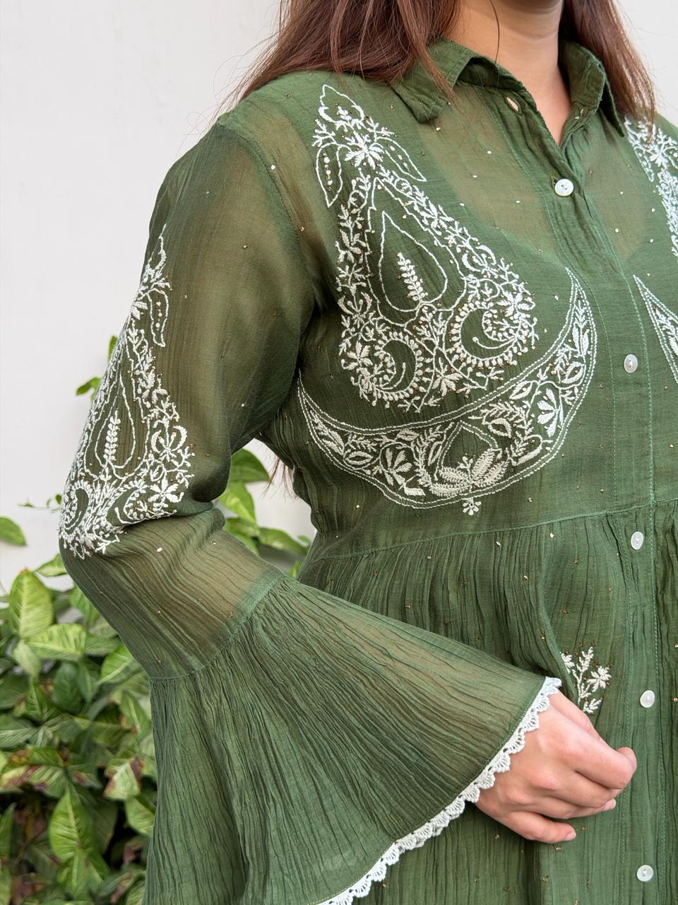 Bottle Green Mal chikankari Dress With Bell Sleeves