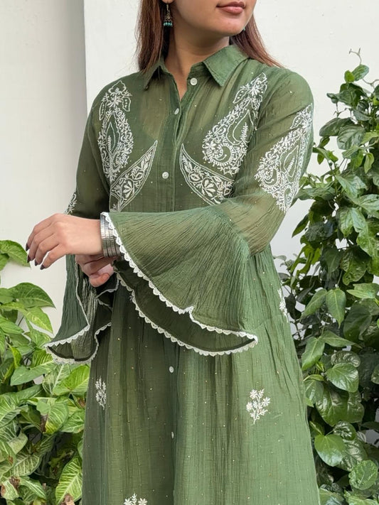 Bottle Green Mal chikankari Dress With Bell Sleeves