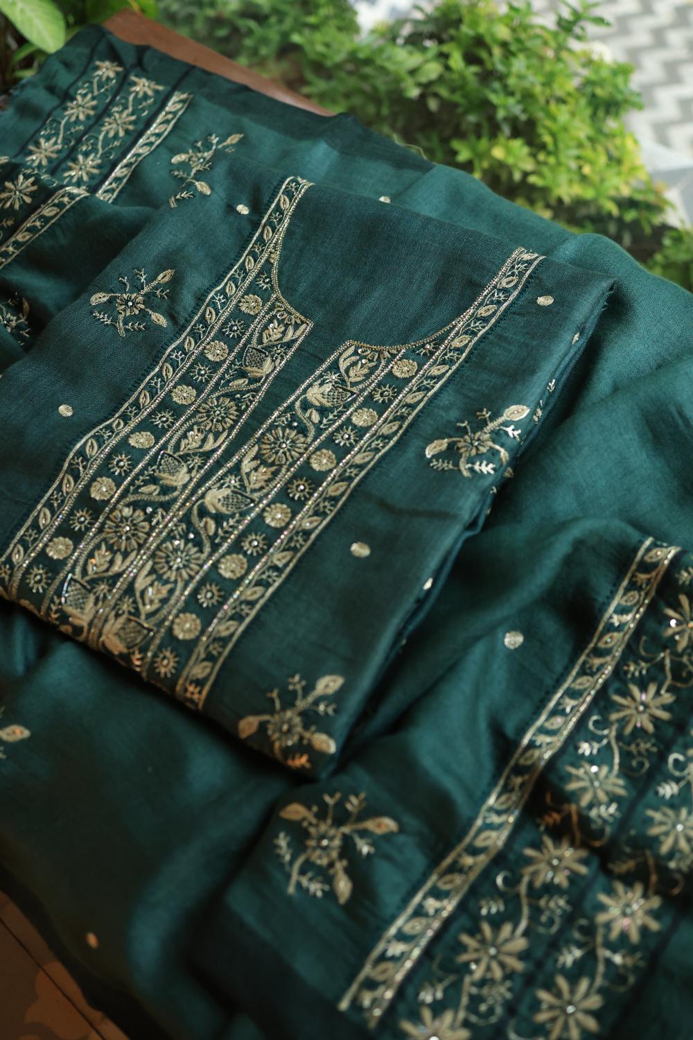 Bottle Green Pashmina x Chikankari Fabrics
