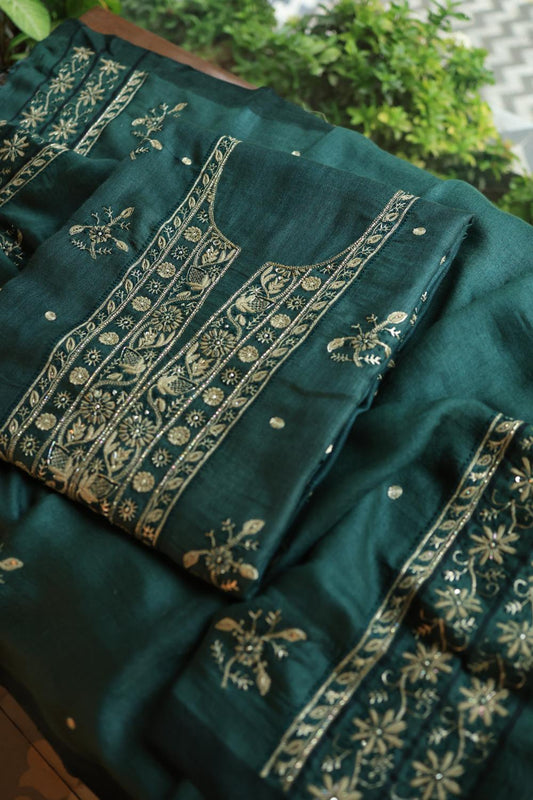 Bottle Green Pashmina x Chikankari Fabrics