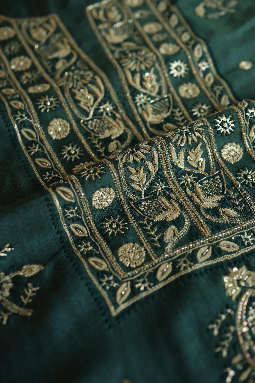 Bottle Green Pashmina x Chikankari Fabrics