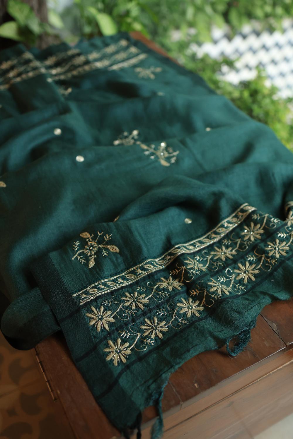 Bottle Green Pashmina x Chikankari Fabrics