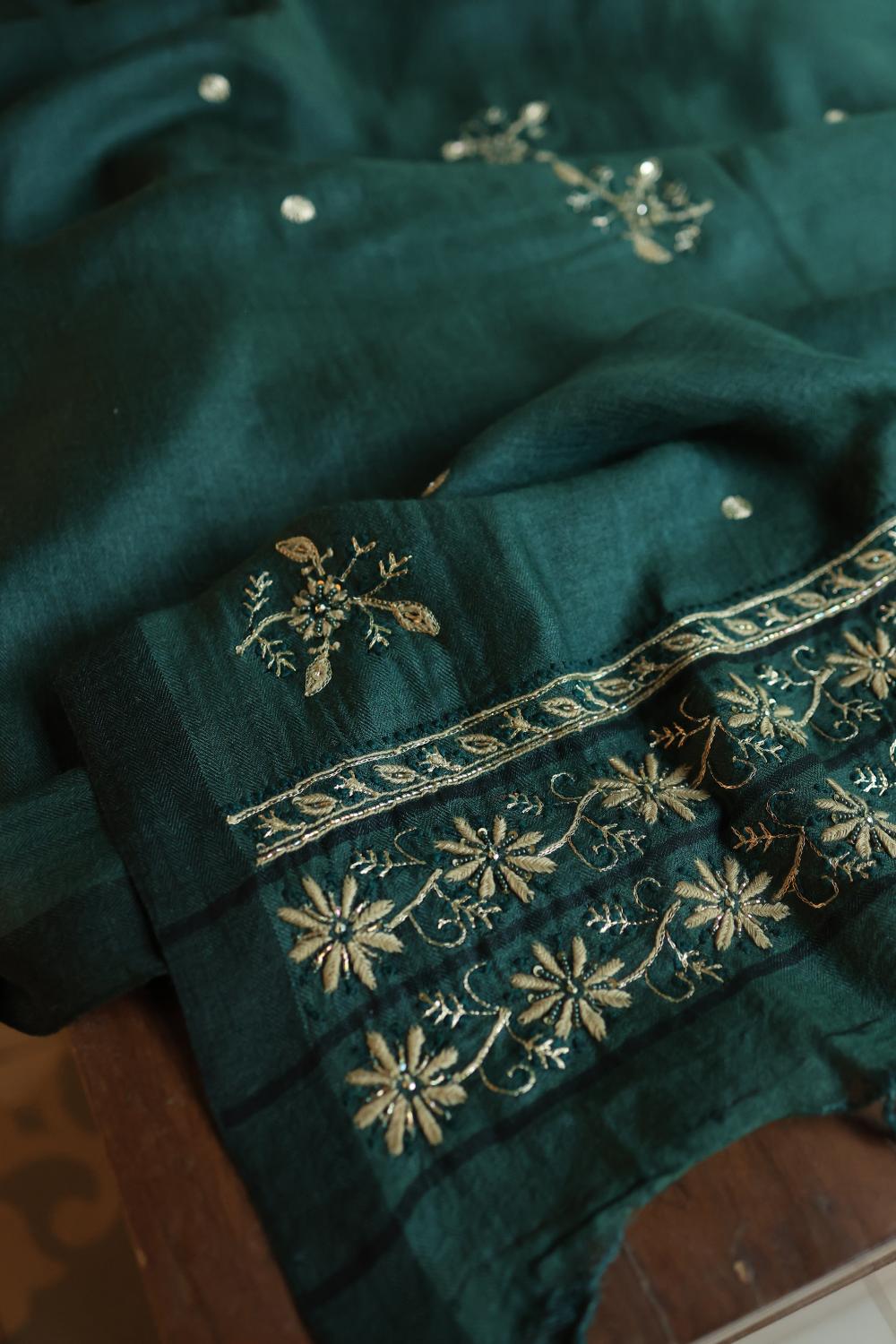 Bottle Green Pashmina x Chikankari Fabrics