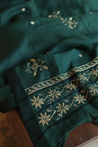 Bottle Green Pashmina x Chikankari Fabrics