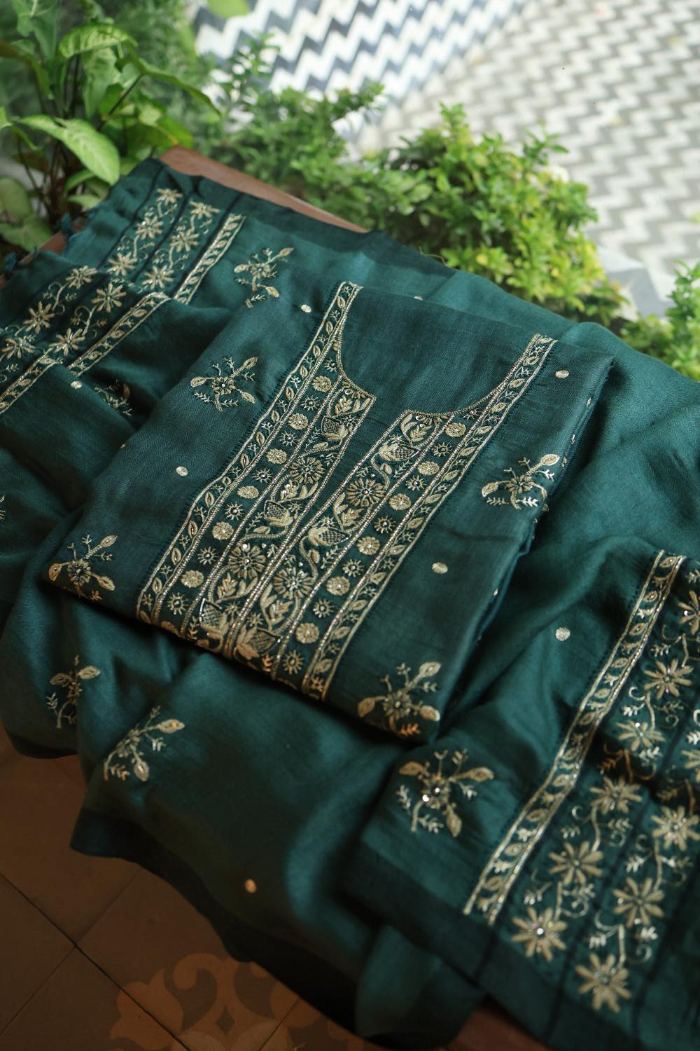 Bottle Green Pashmina x Chikankari Fabrics