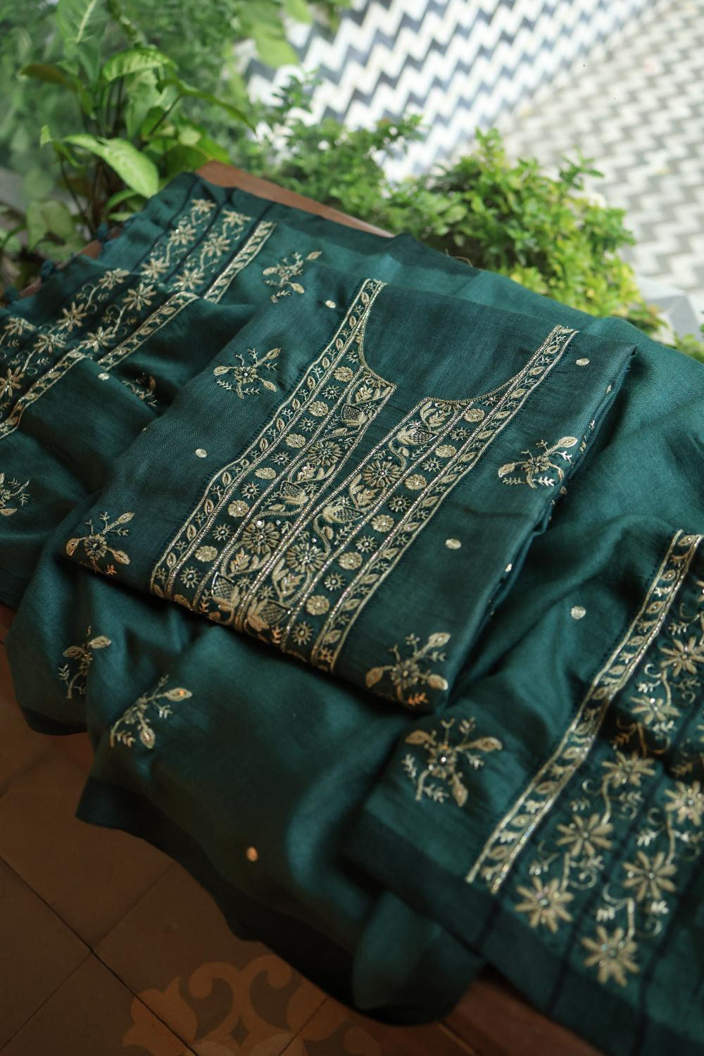 Bottle Green Pashmina x Chikankari Fabrics