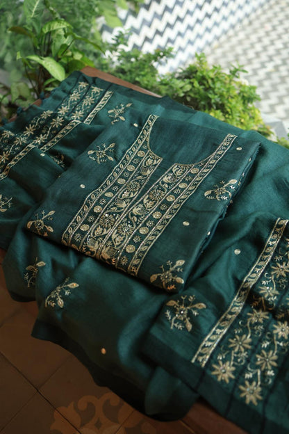 Bottle Green Pashmina x Chikankari Fabrics