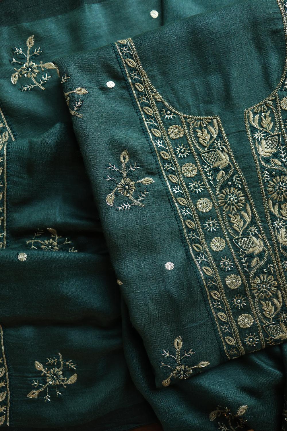 Bottle Green Pashmina x Chikankari Fabrics