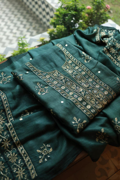 Bottle Green Pashmina x Chikankari Fabrics