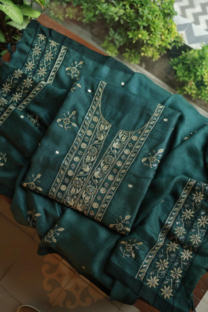 Bottle Green Pashmina x Chikankari Fabrics