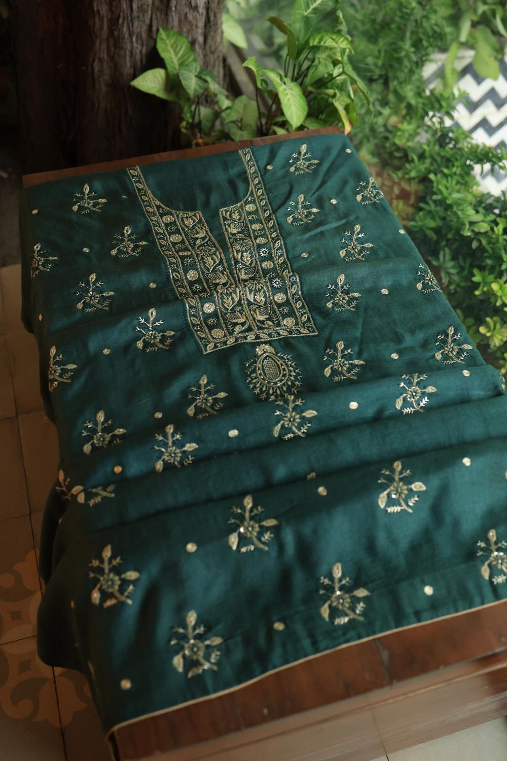 Bottle Green Pashmina x Chikankari Fabrics