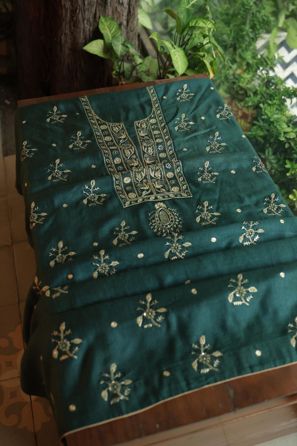 Bottle Green Pashmina x Chikankari Fabrics