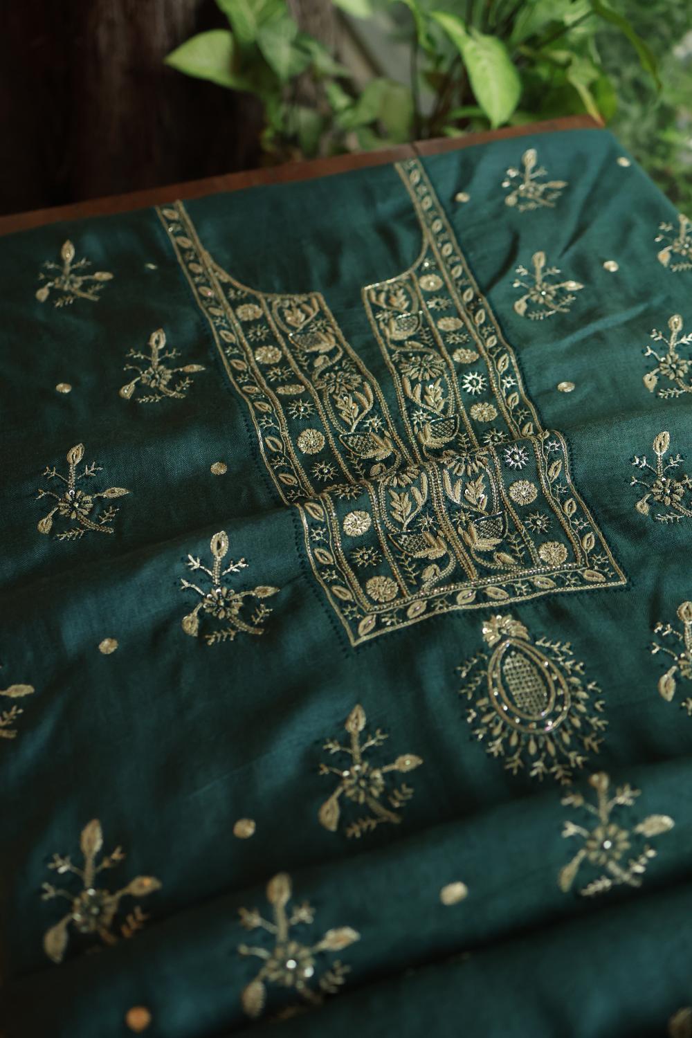 Bottle Green Pashmina x Chikankari Fabrics