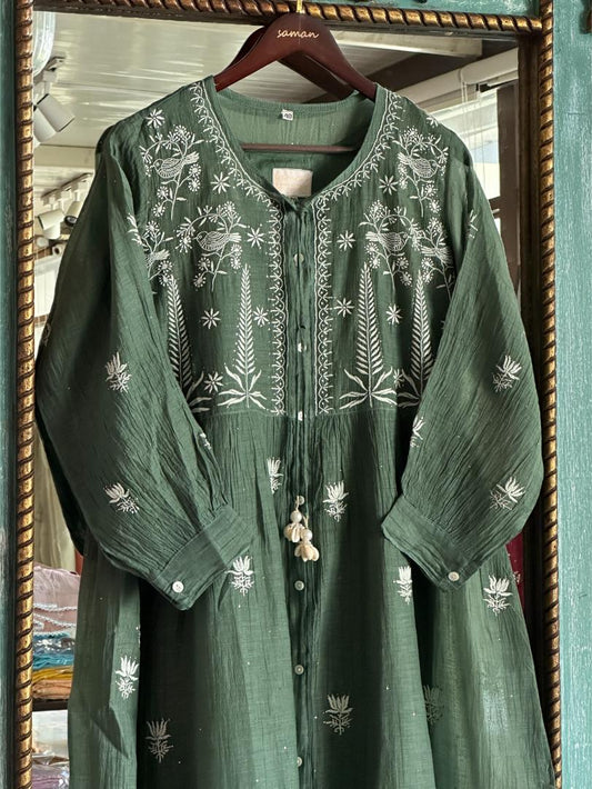 Bottle Green Shade Chikankari Embroidered Kurta with Front Buttons & Tassel Detail