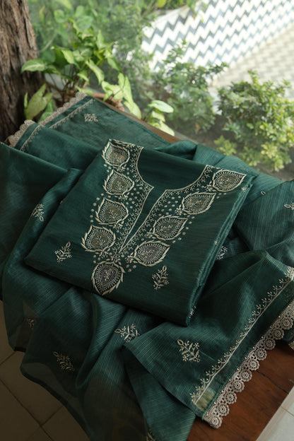 Bottle Green Shade Kota Chikankari Unstitched Fabrics