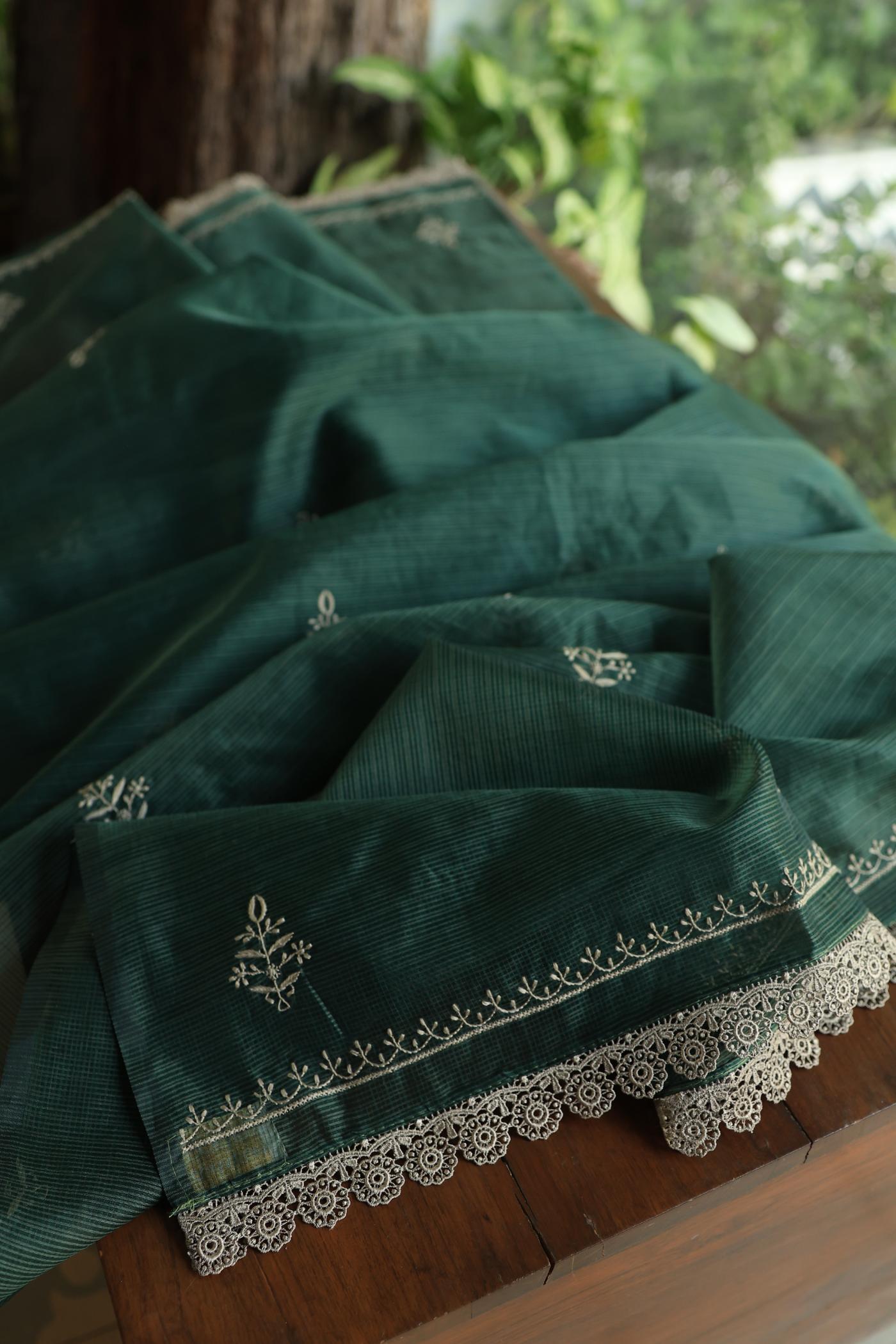 Bottle Green Shade Kota Chikankari Unstitched Fabrics