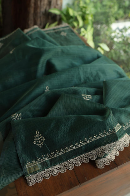 Bottle Green Shade Kota Chikankari Unstitched Fabrics