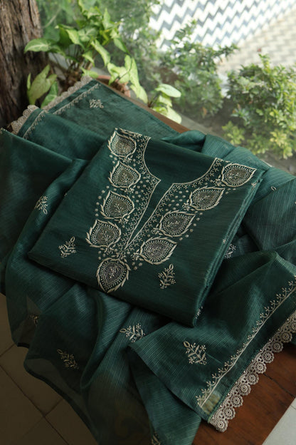 Bottle Green Shade Kota Chikankari Unstitched Fabrics