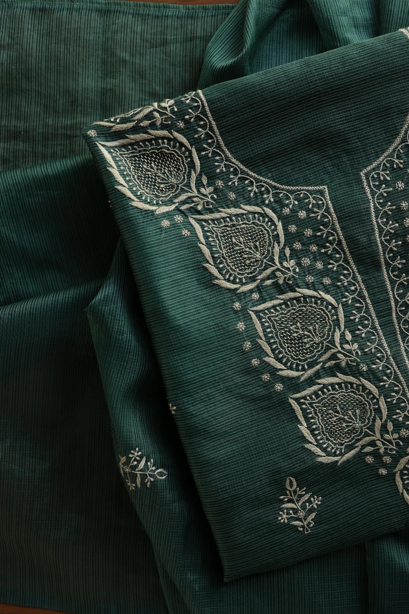 Bottle Green Shade Kota Chikankari Unstitched Fabrics