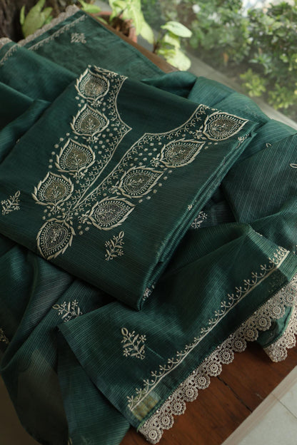 Bottle Green Shade Kota Chikankari Unstitched Fabrics