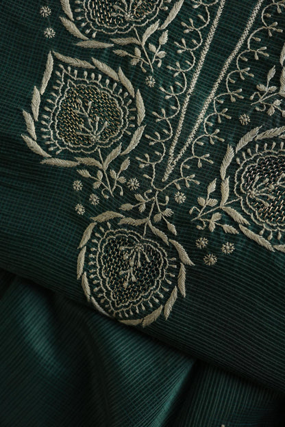 Bottle Green Shade Kota Chikankari Unstitched Fabrics