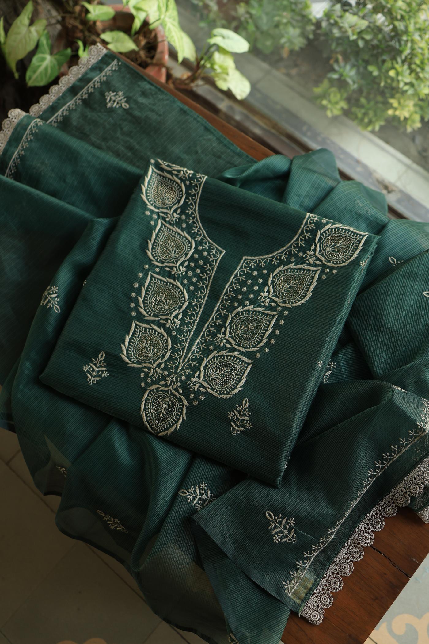 Bottle Green Shade Kota Chikankari Unstitched Fabrics