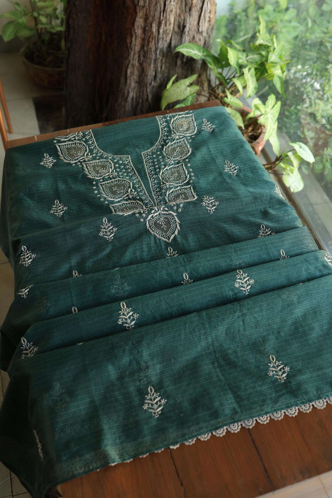 Bottle Green Shade Kota Chikankari Unstitched Fabrics