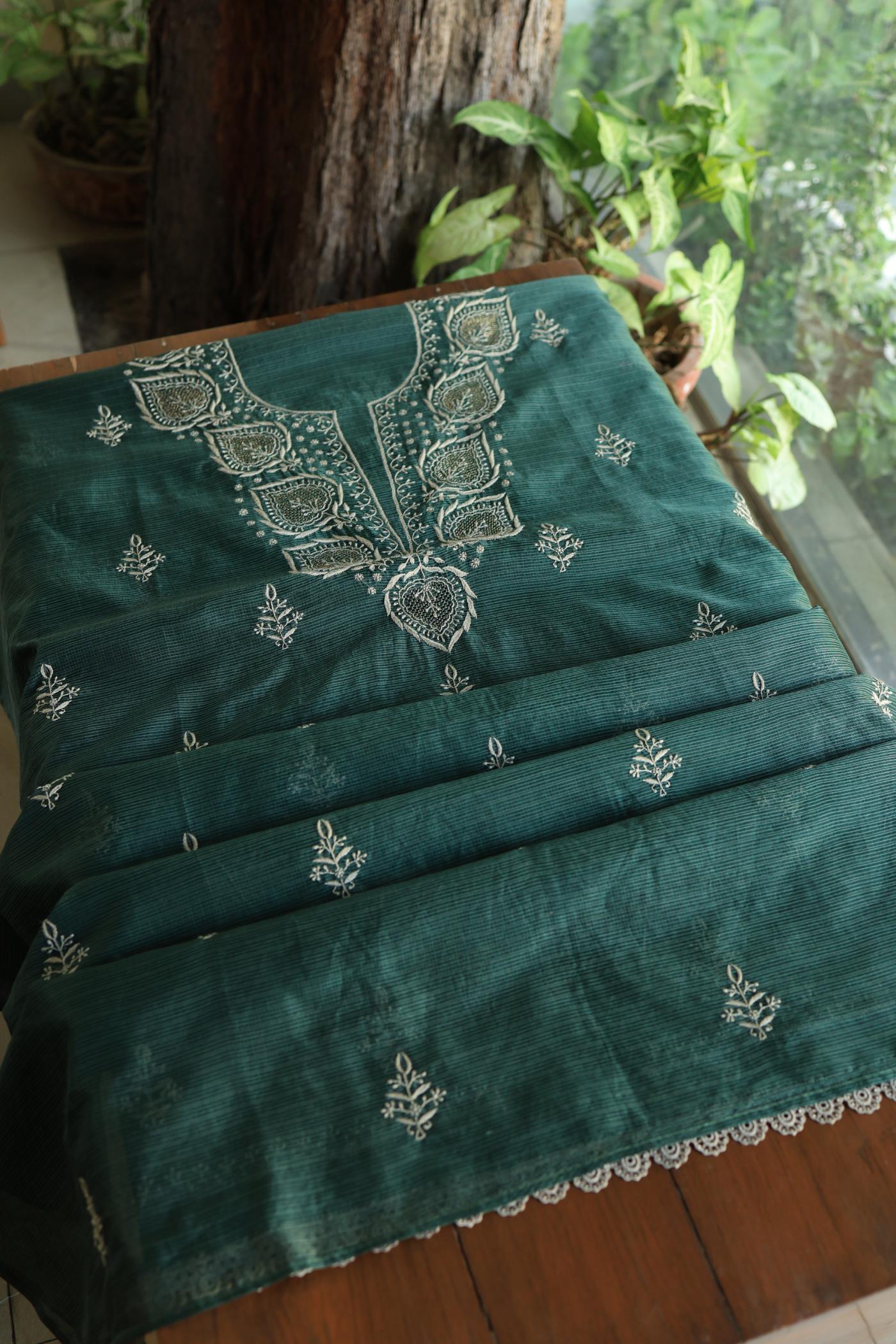 Bottle Green Shade Kota Chikankari Unstitched Fabrics