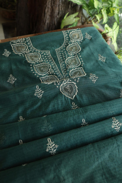 Bottle Green Shade Kota Chikankari Unstitched Fabrics