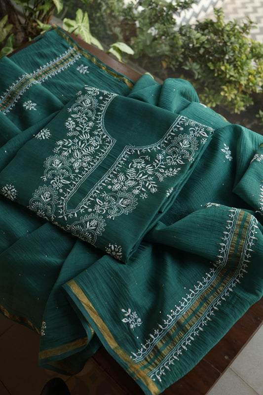 Bottle Green Shade Mal Cotton Fine Chikankari Unstitched Fabric