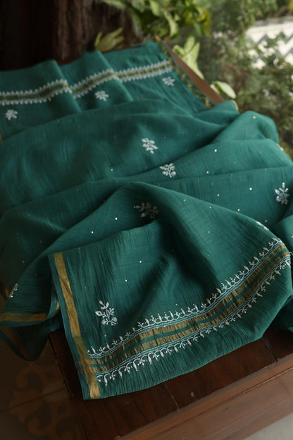 Bottle Green Shade Mal Cotton Fine Chikankari Unstitched Fabric