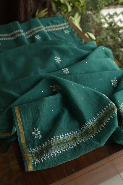 Bottle Green Shade Mal Cotton Fine Chikankari Unstitched Fabric