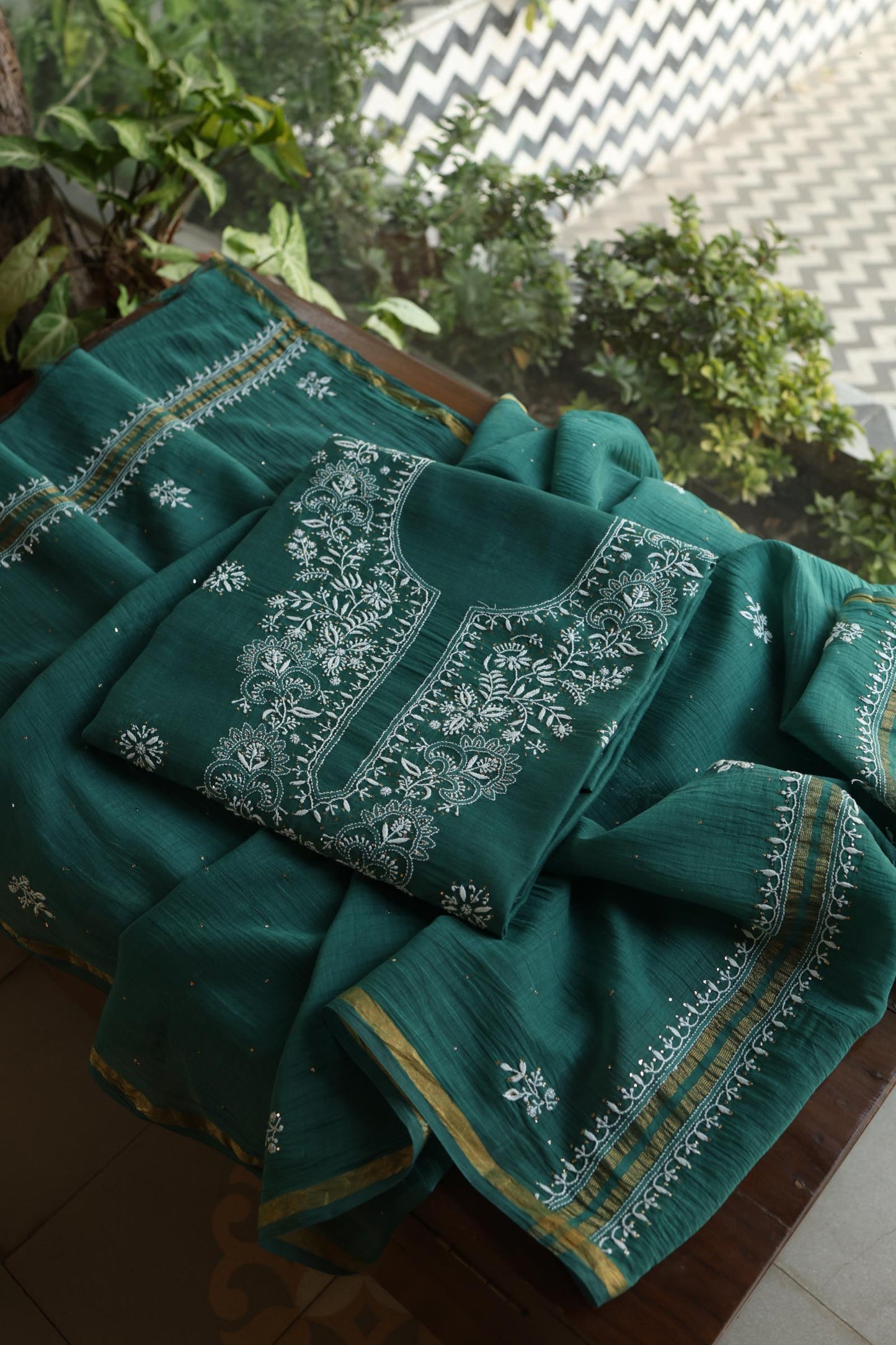 Bottle Green Shade Mal Cotton Fine Chikankari Unstitched Fabric