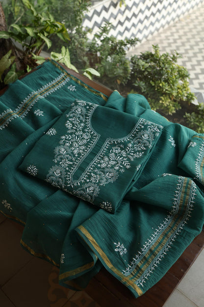 Bottle Green Shade Mal Cotton Fine Chikankari Unstitched Fabric