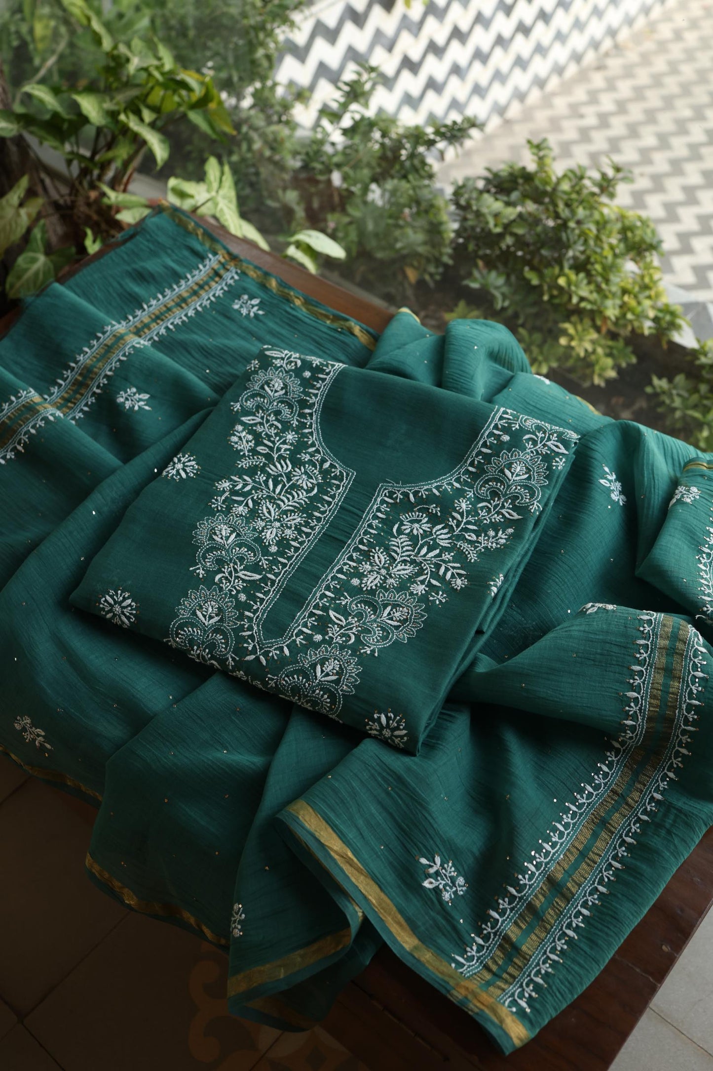 Bottle Green Shade Mal Cotton Fine Chikankari Unstitched Fabric