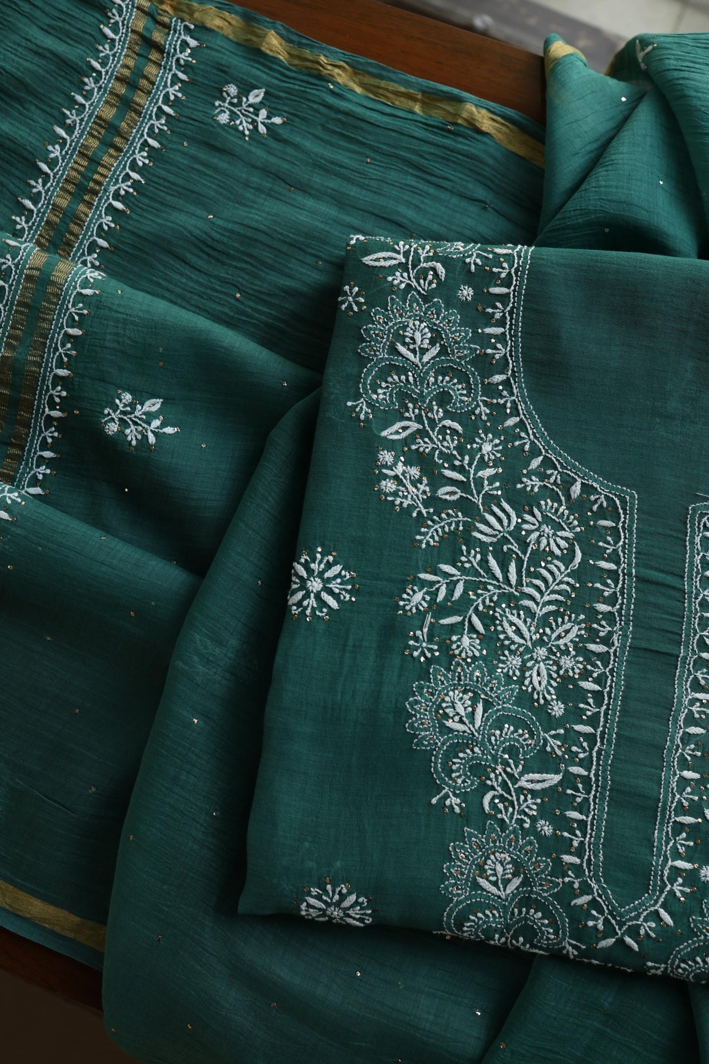 Bottle Green Shade Mal Cotton Fine Chikankari Unstitched Fabric