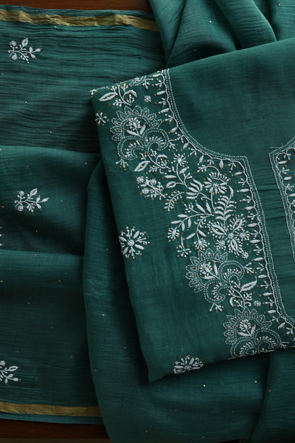 Bottle Green Shade Mal Cotton Fine Chikankari Unstitched Fabric