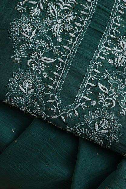 Bottle Green Shade Mal Cotton Fine Chikankari Unstitched Fabric