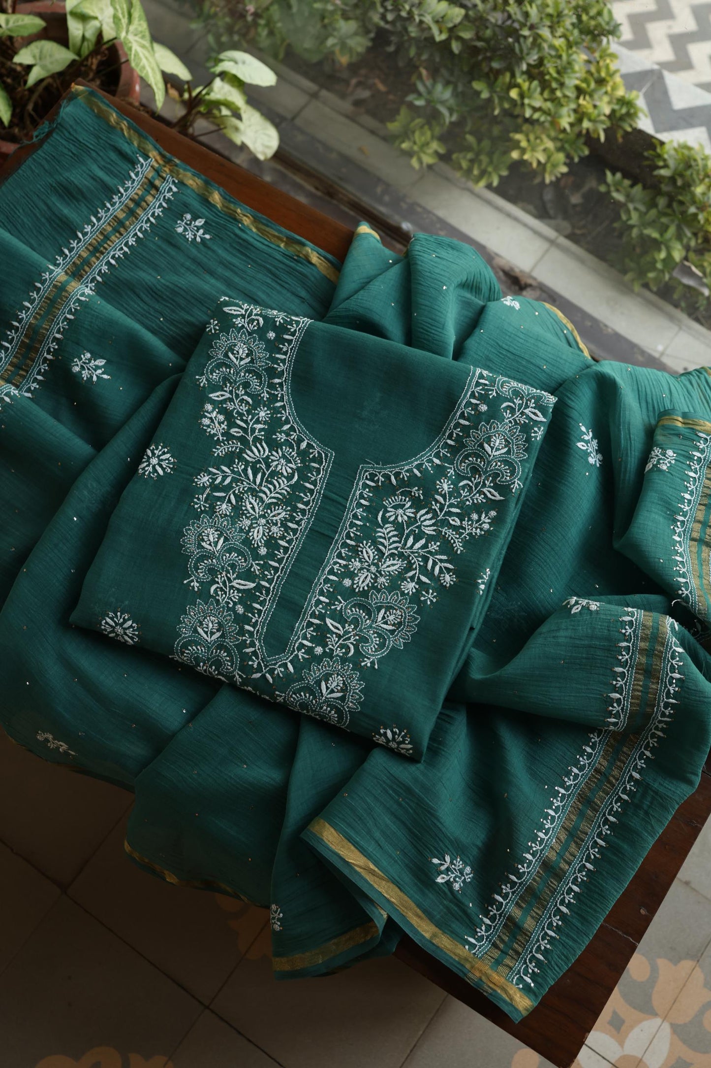 Bottle Green Shade Mal Cotton Fine Chikankari Unstitched Fabric