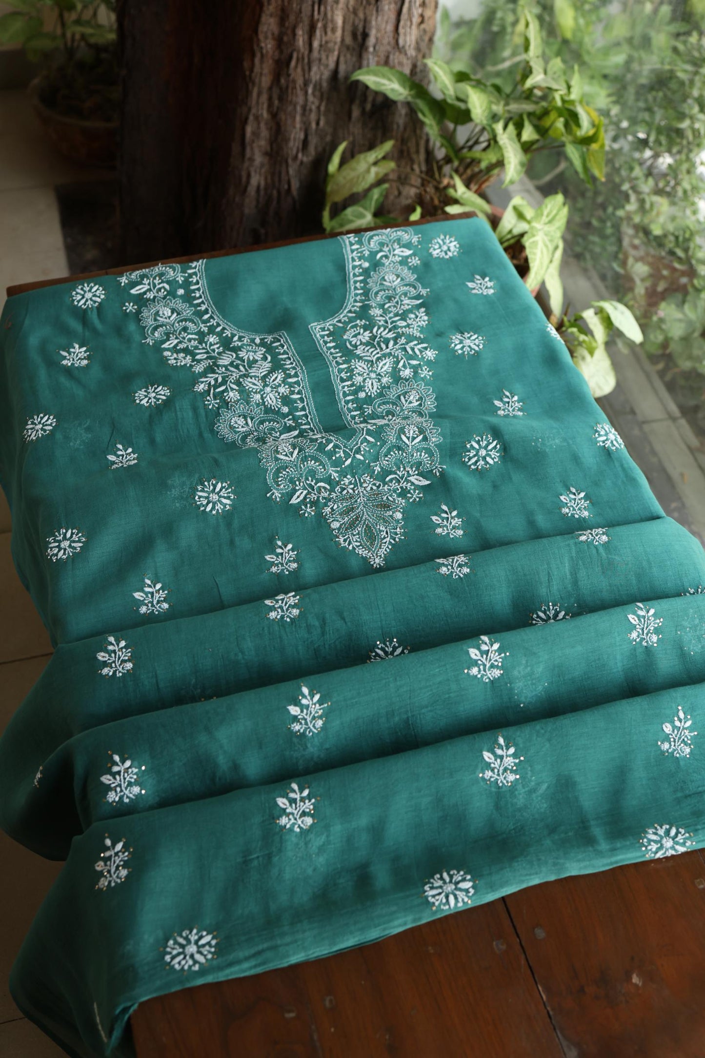 Bottle Green Shade Mal Cotton Fine Chikankari Unstitched Fabric