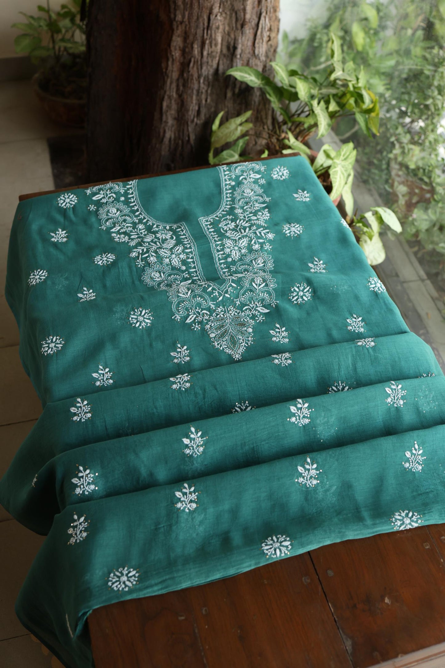Bottle Green Shade Mal Cotton Fine Chikankari Unstitched Fabric