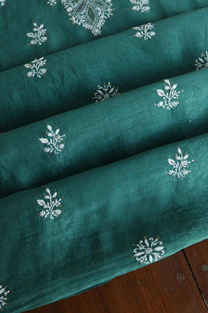 Bottle Green Shade Mal Cotton Fine Chikankari Unstitched Fabric