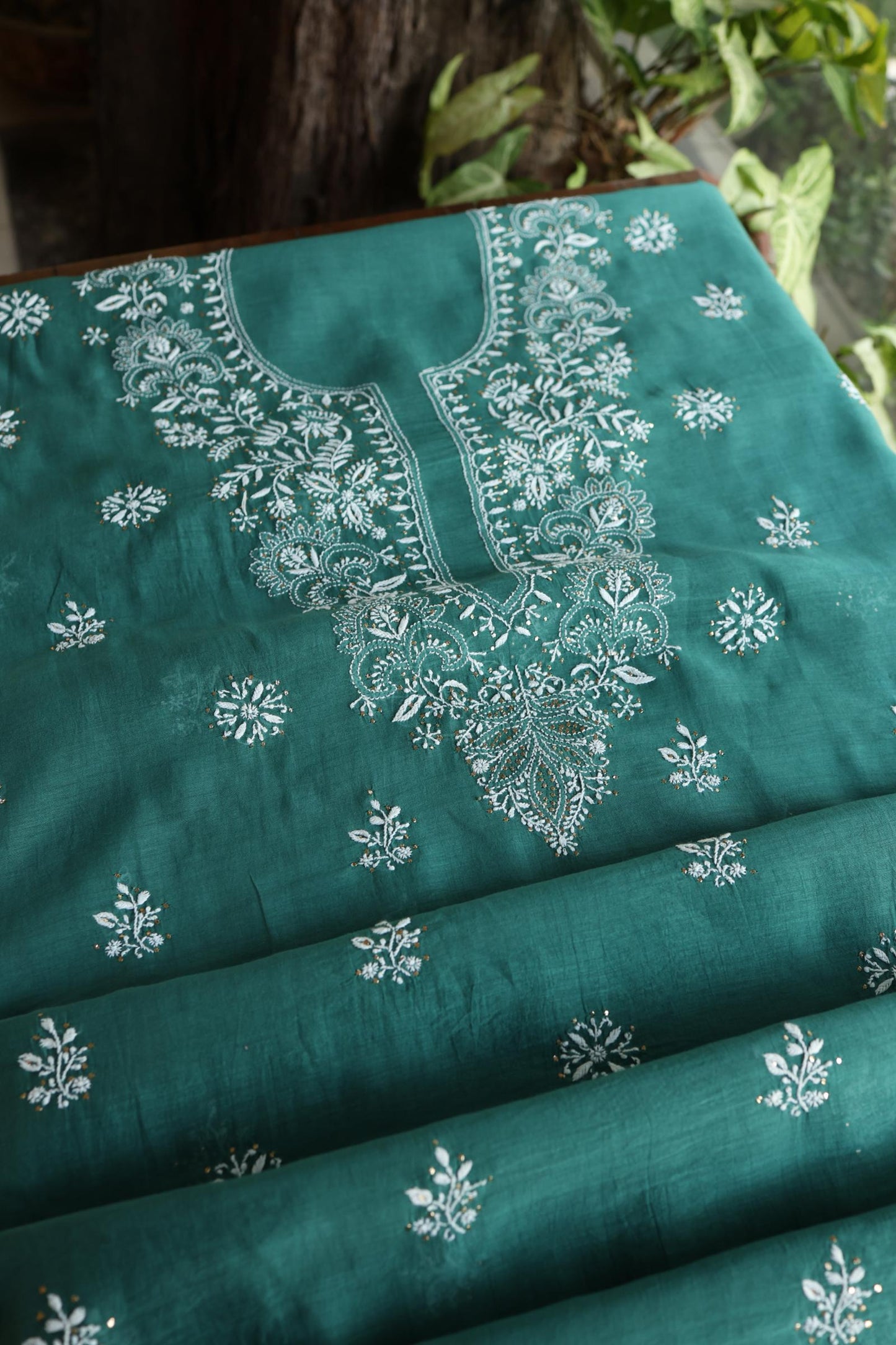 Bottle Green Shade Mal Cotton Fine Chikankari Unstitched Fabric
