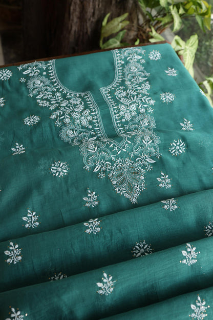 Bottle Green Shade Mal Cotton Fine Chikankari Unstitched Fabric